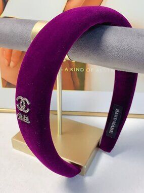 CHANEL Purple Velvet Padded Headband with Crystal Logo